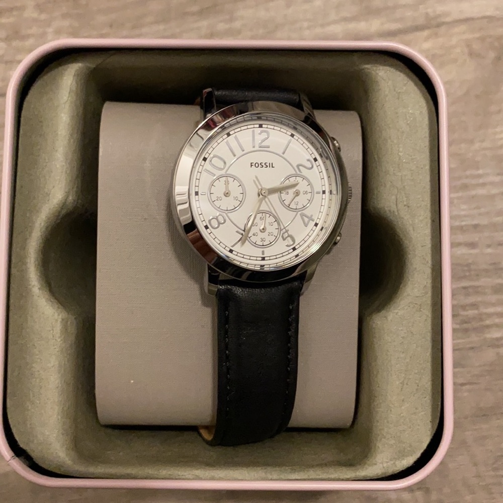 Women’s black leather fossil watch
